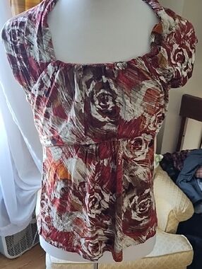 Christopher & Banks Red and Cream Floral Flutter Sleeve Blouse